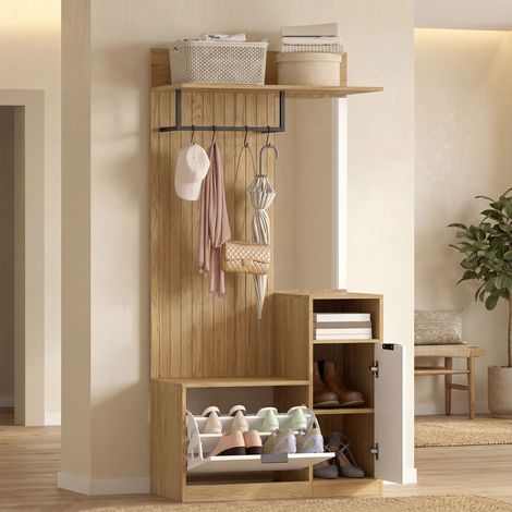 Meuble d'entrée 6 en 1, vestiaire d'entrée avec banc à chaussures rabattable, miroir, 80x36x168cm, chêne (1/5)