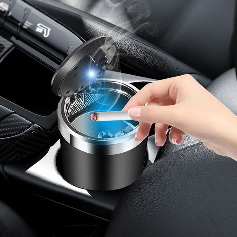 Cendrier de voiture avec revêtement métallique Cendrier de voiture ignifuge Cendrier de voiture avec éclairage LED - noir, 1pc (1/3)