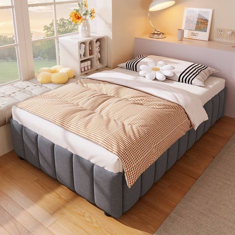 Lit coffre 90x200 cm rembourré hydraulique sans tête de lit, sommier inclus, sans matelas, cadre en lin gris avec rangement (1/5)
