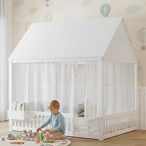 Lit enfant avec fenêtres, toit, rideaux blancs et rangement, pin MDF contreplaqué blanc 140x200 cm