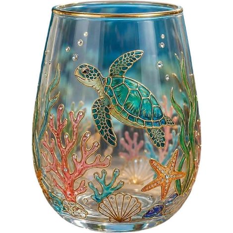 Verre à vin sans pied imprimé 3D motif animal bord doré, verre à whisky cristal transparent décoratif pour cocktails, cafés glacés, cadeau tortue (1/5)