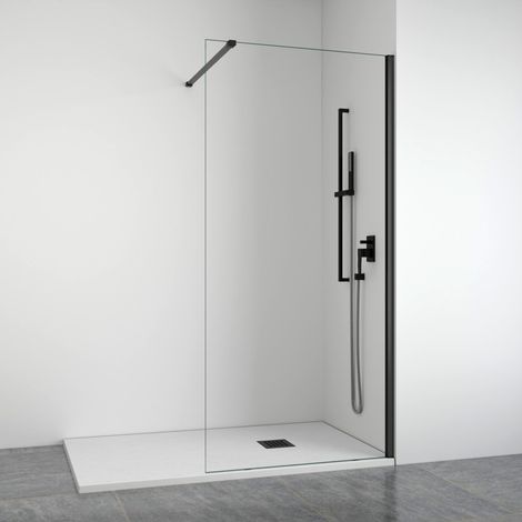 BELLOBATH – Duschwand mit feststehender Frontscheibe – Transparent – Mattschwarze Profile – Breite anpassbar 58–60 – Höhe 195