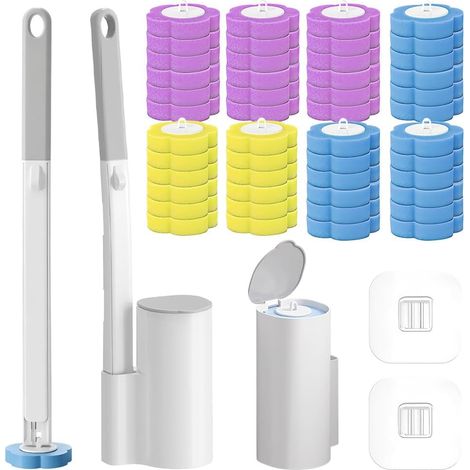 Brosse WC Jetable, Ensemble De Brosses De Toilette Mural avec 48 Têtes de Rechange + 2 Pcs Brosses WC et Supports Balai Toilettes, Disposable Toilet Brush pour Salle de Bain, WC (1/5)