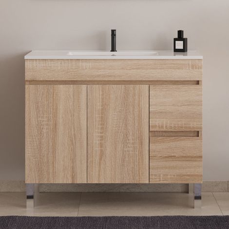 Meuble sous vasque seul, 2 tiroirs et 2 portes, 100cm, pour simple vasque - cambrian (chêne clair) - HARO