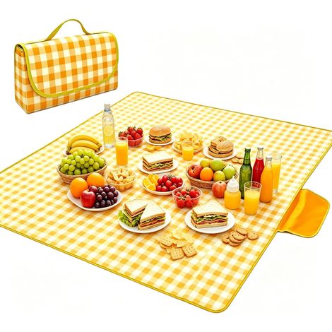 Nappe Pique Nique 200x200 Impermeable, Couverture Pique Nique Vichy Jaune, Tapis de Plage Pliable avec Poignée pour Camping, Jardin, Randonnée et Voyage en Famille (1/5)