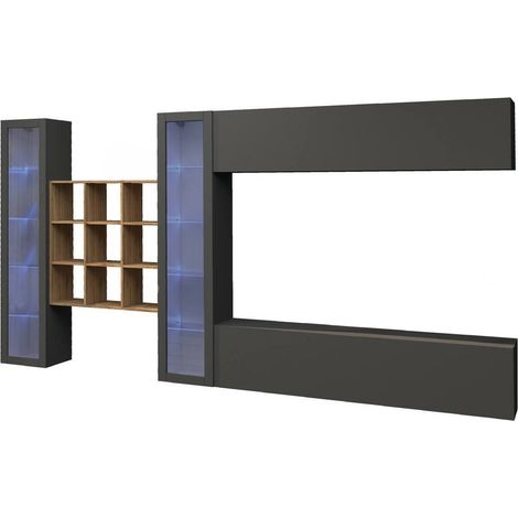 Ensemble Mural Avella, Meuble Salon 20 Étagères, 23 Compartiments Fabriqué en Italie, Portes Battantes et Rabattables, 350x30x180h cm Noir Anthracite (1/5)