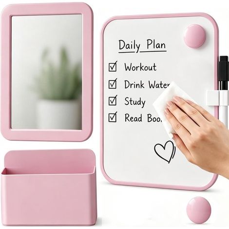 Mini tableau blanc magnétique - Lot de 4 - Avec miroir et porte-stylo - Tableaux mémo - Petits tableaux noirs - Tableaux à dessin - Fournitures de bureau - Pour casier scolaire, casier de bureau et ai (1/5)