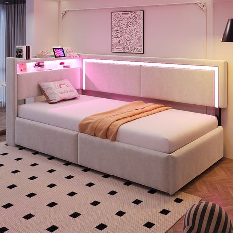Polsterbett Schlafsofa 218x99x87 cm, mit Stauraum, LED, USB, Samt, Beige (1/5)