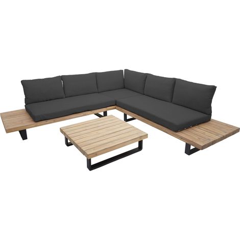 Garten-Garnitur HHG-641, Garnitur Sitzgruppe Lounge-Set, Spun Poly Akazie Holz MVG Alu hellbraun, Polster dunkelgrau