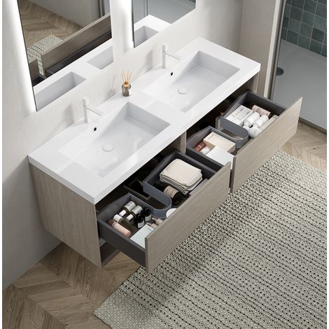 Meuble vasque mural 140 cm avec 2 vasques en résine, 2 tiroirs et 2 niches, chêne clair (1/5)
