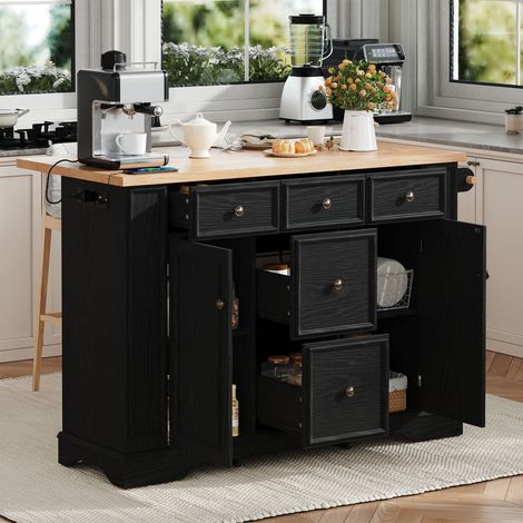 Kücheninsel Mit Regalen, 5 Schubladen, Verstellbaren Einlegeböden, Klappbarer Arbeitsplatte und Steckdosen, Küche und Esszimmer, MDF, Schwarz, 130.5 × 40-65 × 92 cm (1/5)