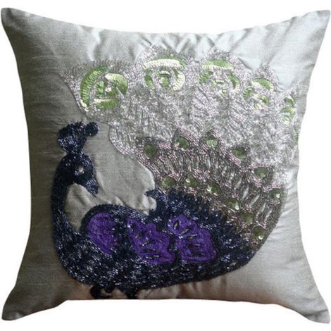 Funda de cojín decorativa con estampado de pavo real y cuentas plateadas, 50 x 50 cm (20 x 20 pulgadas), estampado floral, seda cuadrada, estilo tradicional - Pavo real danzante plateado