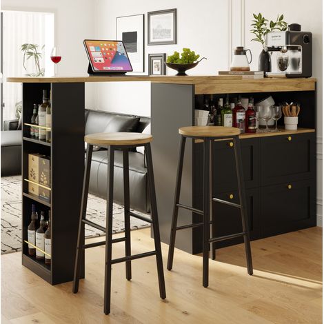 Set de barra con mesa isla de cocina con almacenaje y 2 taburetes negros efecto madera OKWISH (1/5)