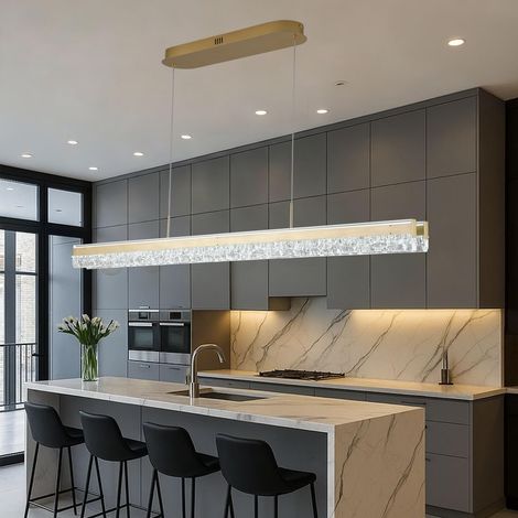 Suspension LED L150cm, lustre linéaire dimmable pour salle à manger, suspension LED moderne dimmable, éclairage îlot en cristal pour cuisine, salon, bureau ou bar (1/5)