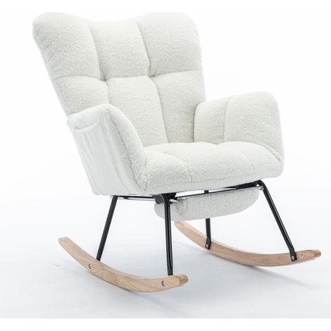 Chaise berçante rembourrée en tissu Teddy blanc avec repose-pieds escamotable (1/5)