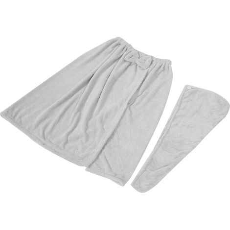 Serviette de bain en polaire corail, enveloppante spa femme ajustable, avec chapeau, grise, pour maison, salon de beauté (1/5)