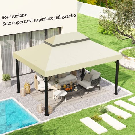 Couverture pour Gazebo de Jardin 3x4 m à 2 Niveaux en Tissu Oxford 600D avec Orifices de Drainage, Blanc Crème (1/5)