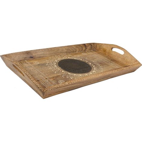 Bandeja de madera pintado artsanal con 2 asas marrón 48x25x6 (1/5)