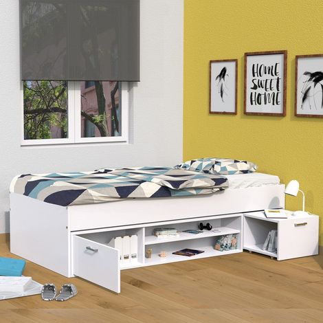 Le Quai Des Affaires – Lit TESS 90x190 cm – Ensemble avec chevet et étagère – Rangement intégré – Structure en panneau de particules mélaminé blanc – Dimensions 195x97x49 cm