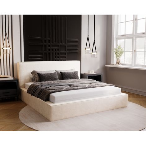 Emporius – Lit coffre 200x200 avec rangement – Velours crème – Cadre en bois – Tête de lit rembourrée – Facile à nettoyer (1/5)