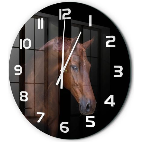 Horloge Murale Ronde en Verre Trempé Silencieuse Design Moderne Salon Cuisine Cheval brun fi 60 cm (1/5)