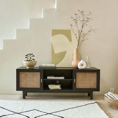 Meuble TV en manguier massif et cannage 120 cm (1/5)