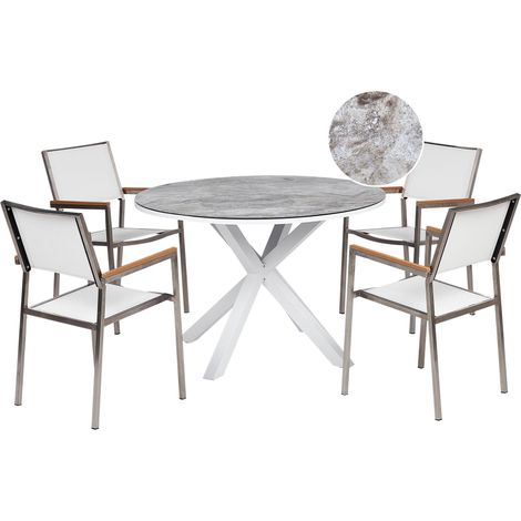 Set da pranzo da giardino a 4 posti Mobili da esterno Alluminio Acciaio inox Piano in vetro ceramico con effetto marmo Bianco Maletto/Grosseto