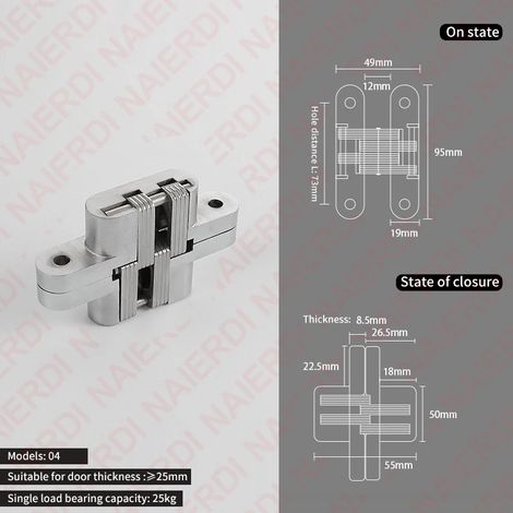 (04 19x95mm) 2 charnières invisibles en acier inoxydable pour portes de placard, charnières en croix dissimulées, quincaillerie de porte (1/5)