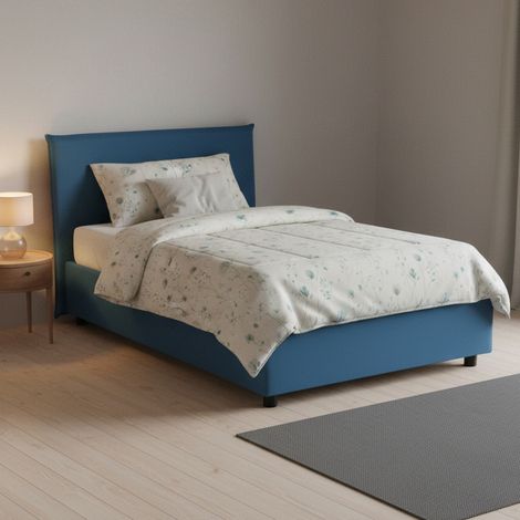 Talamo Italia Cama de plaza y media Chicca, Cama contenedor con revestimiento de tela, 100% Made in Italy, Apertura frontal, con colchón 120x200 cm incluido, Azul, con embalaje reforzado (1/5)