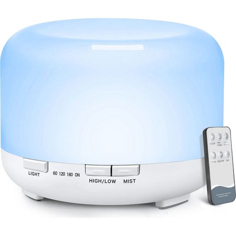 Ein 500-ml-Aroma-Diffusor SQ5 in Holzoptik mit USB-Anschluss (5 V, 2 A), automatischer Abschaltung bei niedrigem Wasserstand, 7-farbiger Ambientebeleuchtung und Fernbedienung. Geeignet für Zuhause und