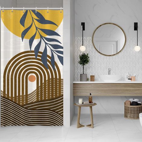 Juego de cortina de ducha con estampado de hojas negras y ganchos, diseño minimalista de amanecer en la montaña, tela impermeable, 72x72 pulgadas – se adapta a cabinas de ducha estándar.