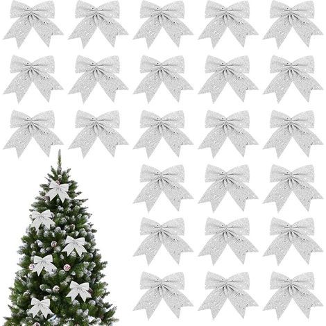 24 glitzernde Weihnachtsschleifen, Weihnachtsbandschleifen, für Weihnachtskränze, Weihnachtsdekorationen für Türen, Fenster, Gärten (Silber) (1/5)