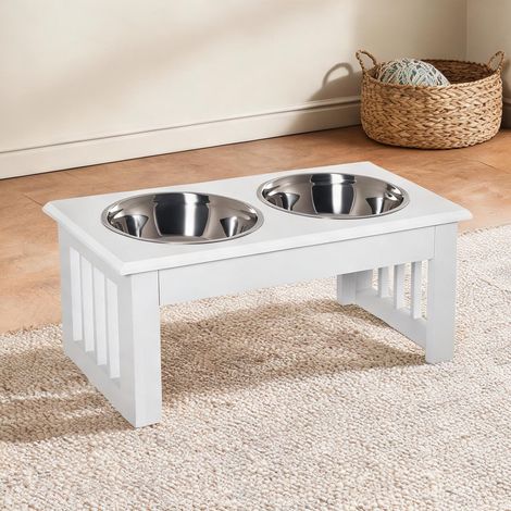 Gamelle pour chien blanc en bois 44 x 24 x 15 cm (1/5)