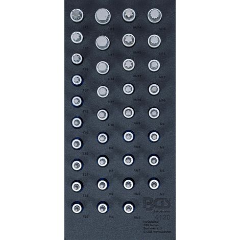BGS Werkstattwageneinlage  1/3: Bit-Einsatz-Satz  Antrieb Innenvierkant 12,5  mm (1/2") Innensechskant,  T-Profil (für Torx),  Innenvielzahn (für XZN),  Keil-Profil (für RIBE)  36tlg. - 4120 (1/3)