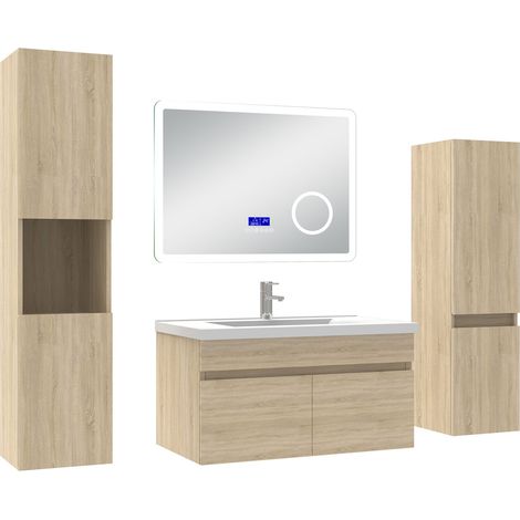 Ocean Ensemble meuble salle de bain 80 cm Chêne Wotan, lavabo céramique + 2 colonnes hautes + Miroir Bluetooth avec 3 couleurs dimmable, suspendu (1/5)