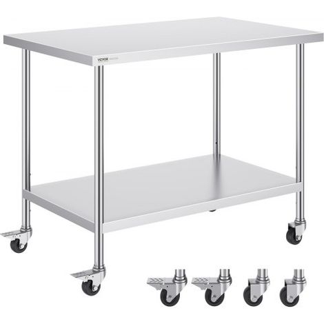 Arbeitstisch aus Edelstahl, mit 4 Rädern, Zubereitungstisch 3 einstellbaren Höhenstufen, robuster Arbeitstisch für gewerbliche Küchen und Restaurants, Silber (1/5)