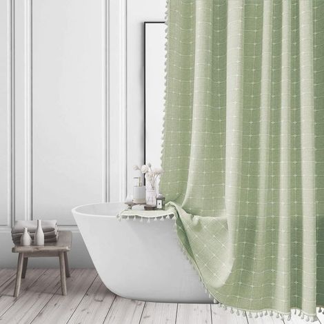 Rideau de douche vert sauge - ensemble de rideau de salle de bain demi-petite taille pour camping-car avec pompons - Rideau de douche bohème en tissu avec crochets 91 x 183 cm