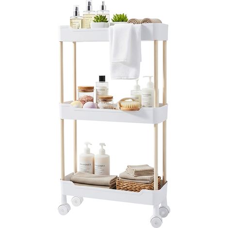 Kunststoff Rollwagen mit 3 Ebenen 70 x 40 cm - weiß - Küchenregal mit Holzgestell auf 4 Rollen - Nischenregal Allzweckwagen