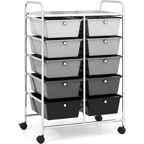 COSTWAY Rollwagen mit 10 stapelbaren Schubladen, Schubladenwagen Rollcontainer mit Metallgestell und Ablagefläche, Badrollwagen Aufbewahrungswagen für Büro, Wohnzimmer, 65,5 x 37 x 87 cm(Grau-schwarz) (1/5)