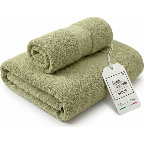 Coppia Asciugamani Viso e Ospite Oliva - Spugna 100% Cotone 450 g/m² Made in Italy (1/5)