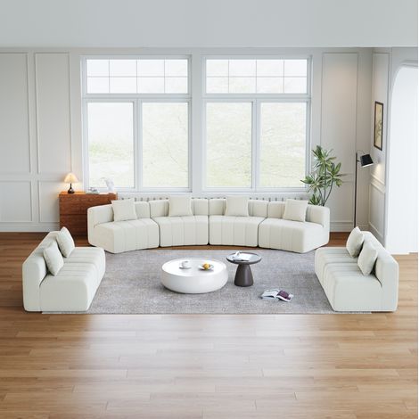 Divano modulare curvo in chenille con design a tasti di pianoforte, 2 cuscini, beige (1/5)