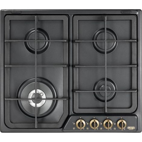 Delonghi – Table de cuisson à gaz encastrable 4 feux – Brûleur triple flamme ultra-rapide – Grilles en fonte – 60 cm – Acier inoxydable émaillé anthracite
