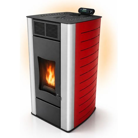 UMBRELLA® P18 Estufa de pellets hidro con circuito de agua 18 kW hasta 300 m³,A+,calefacción central,depósito 40 kg,potencia agua 12,5 kW,hasta 18 h autonomía,ECO,temporizador semanal,Wi-Fi Ready,Rojo (1/5)