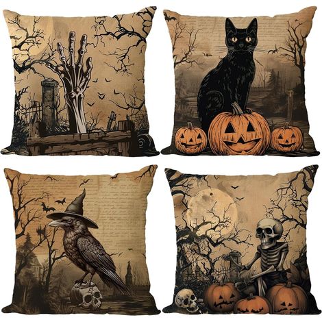 Fundas de cojín de Halloween de 45x45 cm, juego de 4, estilo vintage espeluznante, con diseños de calaveras, calabazas, búhos y cuervos, para sofá. (1/5)