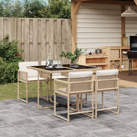 5-tlg. Garten-Essgruppe mit Kissen Beige Poly Rattan vidaXL