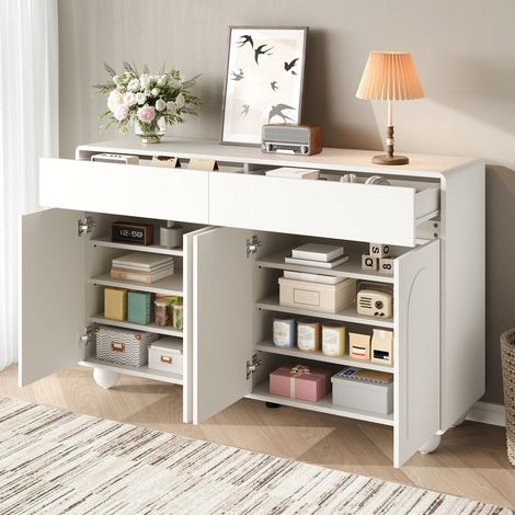Buffet design 2 tiroirs et 4 portes, rangement modulable, 140 x 38 x 89 cm, blanc, MDF, FloraGrace (1/5)
