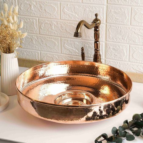 Lavabo rond discret en cuivre patiné bleu, fabriqué à la main, 45,7 cm (18 po) (1/4)