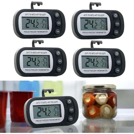 4Stk Digitale Kühlschrank Gefrierschrank Thermometer Wasserdicht mit integriertem Haken, Großes LCD Display, Max Min Speicher, Temperaturkontrolle für Haushalt Gastronomie (1/5)