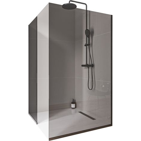 BERNSTEIN - 2 pareti doccia walk-in 140x200cm + 100cm, vetro fumé NANO 10mm, profilo a parete + pavimento ininox nero opaco - EX102 140 cm, 100 cm, Con profilo a pavimento