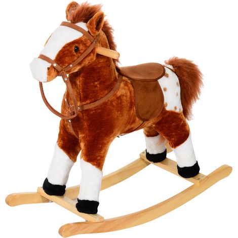 Cheval à bascule en peluche douce pour enfants de 3 à 6 ans avec hennissement, 74 x 28 x 65 cm, marron (1/5)